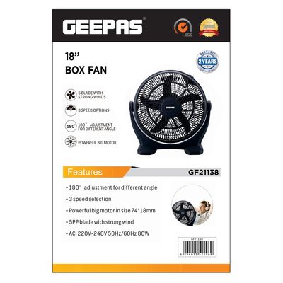 Personal High Performance Box Fan with 3 Speed Controls and 5 Leaf Blades 180 Degree Adjustable Angle and Efficient Cooling GF21138 Black