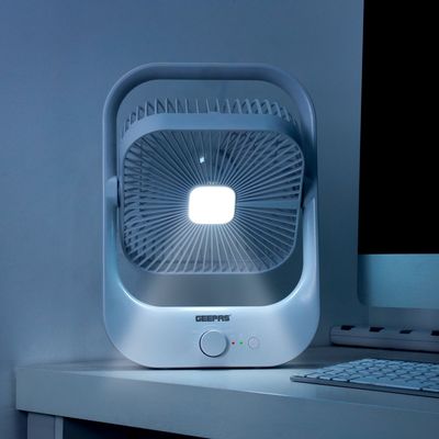 Geepas 8" Rechargeable Fan with LED Light - Over-Charge Protection, 8 Hours Working, Step-Less Speed Control, Rechargeable Lithium Battery, Full-Charge Indicator GF21162 White