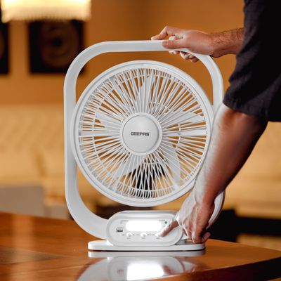 Geepas 12" Rechargeable Table Fan With Powerful Motor, 6V 4.5AH Lead- Acid Battery, 4 Hours Working Time, Led Night Light, Solar Input, USB Output, Up/Down Tilting, 5 Leaf Blade gf21189 White