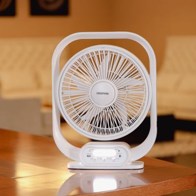 Geepas 12" Rechargeable Table Fan With Powerful Motor, 6V 4.5AH Lead- Acid Battery, 4 Hours Working Time, Led Night Light, Solar Input, USB Output, Up/Down Tilting, 5 Leaf Blade gf21189 White