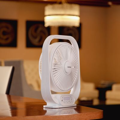 Geepas 12" Rechargeable Table Fan With Powerful Motor, 6V 4.5AH Lead- Acid Battery, 4 Hours Working Time, Led Night Light, Solar Input, USB Output, Up/Down Tilting, 5 Leaf Blade gf21189 White