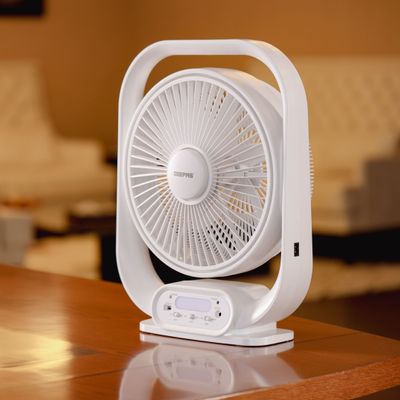 12" Rechargeable Table Fan With Powerful Motor, 6V 4.5AH Lead- Acid Battery, 4 Hours Working Time, Led Night Light, Solar Input, USB Output, Up/Down Tilting, 5 Leaf Blade gf21189 White