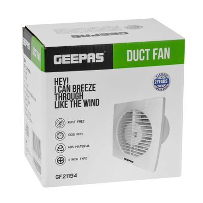 4â€ Duct Fan, Rust Free, Speed- 1300 RPM, ABS Material, Ideal For Kitchen & Bathroom, 13W Power, Air Volume-150M3H, Noise-40dB 13 W GF21194 White