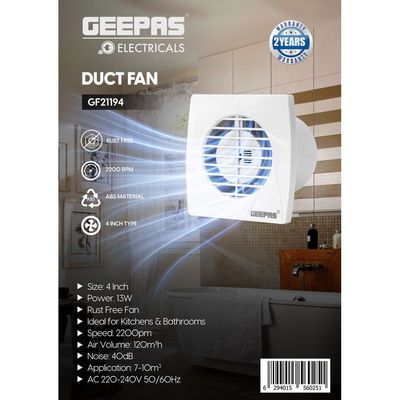 Geepas 4â€ Duct Fan, Rust Free, Speed- 1300 RPM, ABS Material, Ideal For Kitchen & Bathroom, 13W Power, Air Volume-150M3H, Noise-40dB 13 W GF21194 White