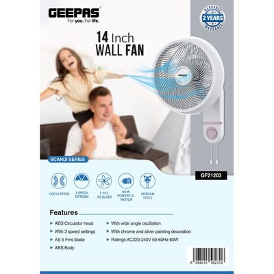 14" Wall Fan With 3 Speed Setting, ABS Circulator Head, AS 5 Fins Blade, ABS Body, Wide Angle Oscillation, 60W Powerful Motor, Chrome & Silver Painting Decoration 60 W GF21203 White