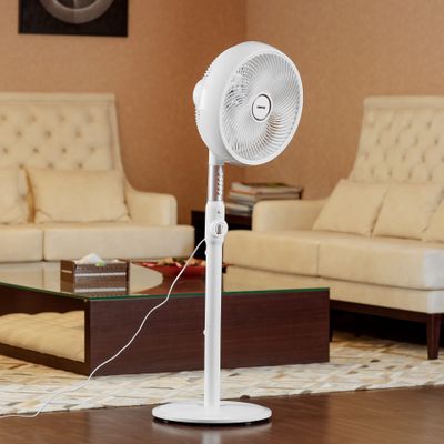 14 Inches Stand Fan With ABS Circulator Head, AS 5 Fins Blade,, 2 Hours Timer, ABS Body, Wide Angle Oscillation, Chrome & Silver Painting decoration, Base With Heavy Rubber 60 W GF21204 White