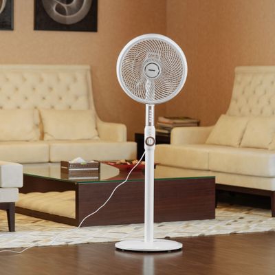 14 Inches Stand Fan With ABS Circulator Head, AS 5 Fins Blade,, 2 Hours Timer, ABS Body, Wide Angle Oscillation, Chrome & Silver Painting decoration, Base With Heavy Rubber 60 W GF21204 White