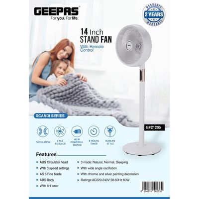 14" Stand Fan With Remote Control, Oscillation, 3 Speed Setting, 5 Pcs AS Blades, 60W Powerful Motor, 8 Hours Motor, ABs Circulator Head, ABS Body, 3 Mode Natural, Normal, Sleeping 60 W GF21205 White