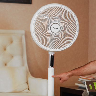 14" Stand Fan With Remote Control, Oscillation, 3 Speed Setting, 5 Pcs AS Blades, 60W Powerful Motor, 8 Hours Motor, ABs Circulator Head, ABS Body, 3 Mode Natural, Normal, Sleeping 60 W GF21205 White