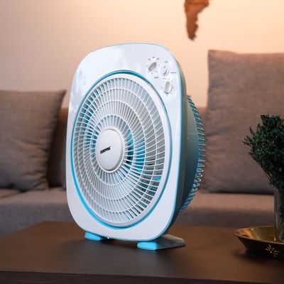 12 Inch High Performance Box Fan With 3-speed Controls and 5 Leaf Blades, Adjustable Pitch Angle and Timer for Efficient Cooling GF926 Blue/White