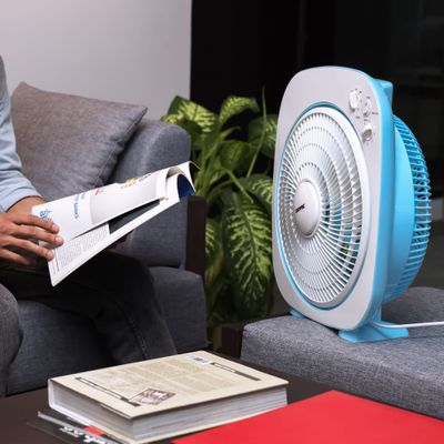 Geepas 12 Inch High Performance Box Fan With 3-speed Controls and 5 Leaf Blades, Adjustable Pitch Angle and Timer for Efficient Cooling GF926 Blue/White