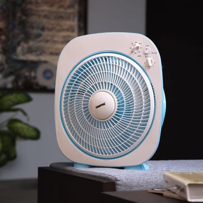 Geepas 12 Inch High Performance Box Fan With 3-speed Controls and 5 Leaf Blades, Adjustable Pitch Angle and Timer for Efficient Cooling GF926 Blue/White