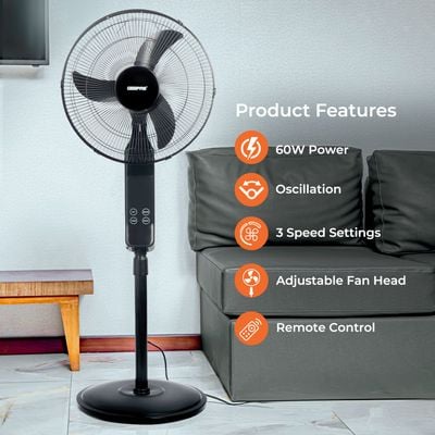 16" Stand Fan 3 Speed With Remote Control , 5 Leaf Blade, Adjustable Height & Tilt Setting With Led Display 55 W GF9466 White