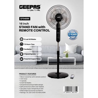 16" Stand Fan with Remote Control - 3 Mode/Speed, 5 Leaf Blade Wide Oscillation, Adjustable Height & Tilt Setting With Led Display | 7.5 Hours Timer 60 W GF9489N Black