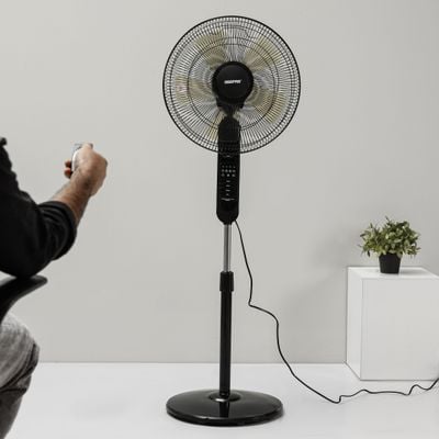 16" Stand Fan with Remote Control - 3 Mode/Speed, 5 Leaf Blade Wide Oscillation, Adjustable Height & Tilt Setting With Led Display | 7.5 Hours Timer 60 W GF9489N Black