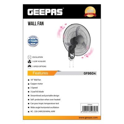 Geepas 18-Inch Wall Fan - 3 Speed with Oscillating & Overheat protected Wall Mount Cooling Fan| Circulates Fresh Air, 3 Leaf AS Blades, Safe & Easy Use, Fully Adjustable Tilt , for Home, Green House, Work Room or Office Use GF9604 Black