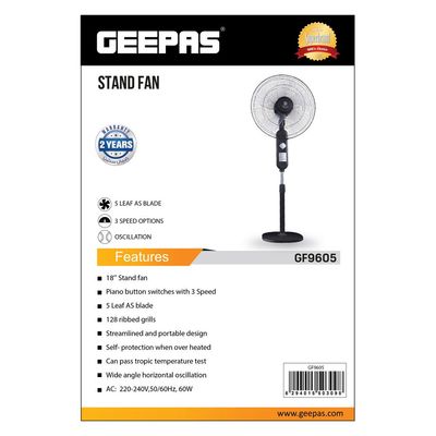 Geepas 18" Stand Fan | Adjustable height | 3 speed | Tilt Setting with Overheat Protection | Wide Oscillation | Self-Protection when Over Heated, 128 Ribbed Grills, Streamlined & Portable Design GF9605 Black