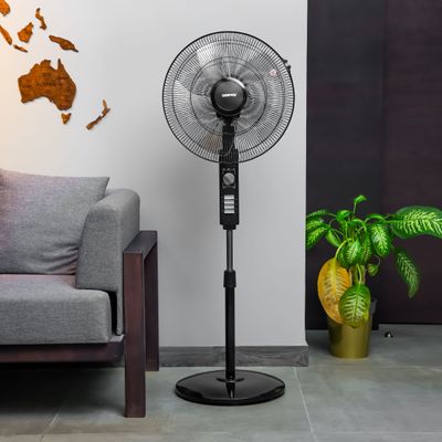 18" Stand Fan | Adjustable height | 3 speed | Tilt Setting with Overheat Protection | Wide Oscillation | Self-Protection when Over Heated, 128 Ribbed Grills, Streamlined & Portable Design GF9605 Black