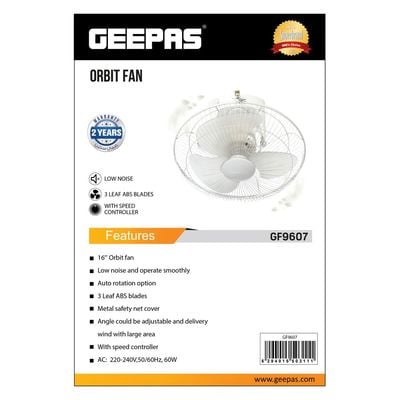 16" Orbit Fan - Wide Oscilation, Speed Controller with 3 Leaf ABS Blades with Metal Grill | Ideal for Office, Bedroom, Study Room, Living Room & more GF9607 White