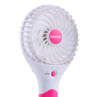 Geepas Rechargeable Mini Fan - Personal Portable Fan with 3 Speed Options | USB Travel Fan for Office, Home and Travel Use| 8 Hours Working GF9617 White, Pink