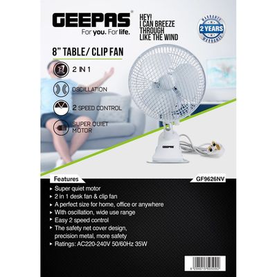 2-in-1 Desk Fan with Oscillation, Plastic Clip Fan with 3 Blades and Safety Grill/ GF9626NV White