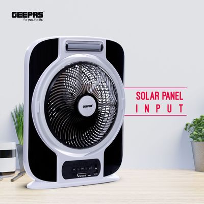 12'' Rechargeable Box Fan | 40 hours working | 16 Pcs Hi-Power SMD LED Light, Up/Down Tilting, 9 Speed Options, LCD Display, Solar panel Input - USB Fan for Office, Home & Travel Use GF989 Black & White