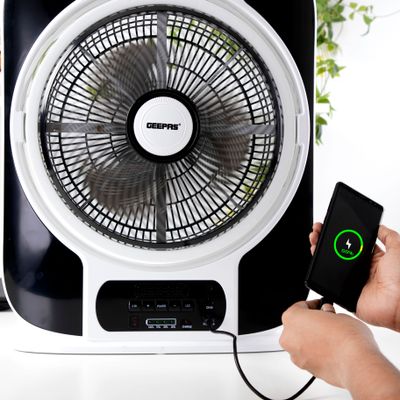 12'' Rechargeable Box Fan | 40 hours working | 16 Pcs Hi-Power SMD LED Light, Up/Down Tilting, 9 Speed Options, LCD Display, Solar panel Input - USB Fan for Office, Home & Travel Use GF989 Black & White