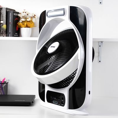 12'' Rechargeable Box Fan | 40 hours working | 16 Pcs Hi-Power SMD LED Light, Up/Down Tilting, 9 Speed Options, LCD Display, Solar panel Input - USB Fan for Office, Home & Travel Use GF989 Black & White