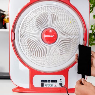 12'' Rechargeable Box Fan | 40 hours working | 16 Pcs Hi-Power SMD LED Light, Up/Down Tilting, 9 Speed Options, LCD Display, Solar panel Input - USB Fan for Office, Home & Travel Use GF989 Black & White