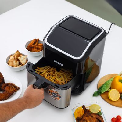Geepas Digital Air Fryer 5 L Equipped With Vortx Air Frying Technology| Oil Free Cooking  Digital Display With Touch Screen| 10 Preset Cooking Modes, 1-60 Minutes Timer| Ideal For Making Fries, Steak, Chicken, Cake, Meat, Bread Etc 5 L 1600 W GAF37527 Black