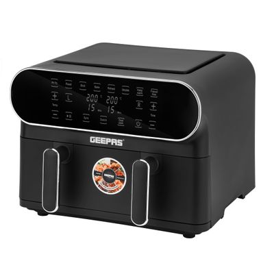 Geepas Digital Air Fryer 11 L Capacity With 5.5 L Dual Baskets With Separator| With Vortex Air Frying Technology| Digital Display, Multiple Function, Dehydrate, Keep Warm, Broil, Others 1-60 Min Timer| Ideal For Fries, Steak, Chicken, Cake, Meat, Bread 11 L 1700 W GAF37532 Grey