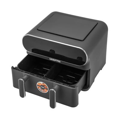 Geepas Digital Air Fryer 11 L Capacity With 5.5 L Dual Baskets With Separator| With Vortex Air Frying Technology| Digital Display, Multiple Function, Dehydrate, Keep Warm, Broil, Others 1-60 Min Timer| Ideal For Fries, Steak, Chicken, Cake, Meat, Bread 11 L 1700 W GAF37532 Grey