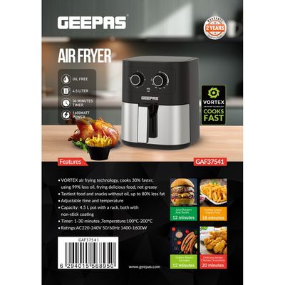 Geepas Air Fryer 4.5 L With 30 Min Timer| Pot With A Rack, Both With Non Stick Coating| Oil Free, Adjustable Time & Temperature| Vortex Air Frying Technology, Cooks 30% Faster 4.5 L 1600 W GAF37541 Black