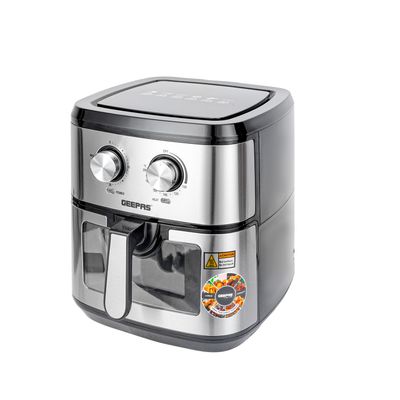 Geepas Air Fryer  9.2 L With 30 Min Timer| Pot With A Rack, Both With Non Stick Coating, Oil Free, Adjustable Time & Temperature, Vortex Air Frying Technology, Cooks 30% Faster 9.2 L 1800 W GAF37542 Silver/Black