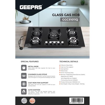 5-Burner Gas Hob - Attractive Design, 8mm Tempered Glass Worktop - Automatic Ignition, 5 Heating Zones |Ergonomic Design, Stainless Steel Body GGC31011 Black