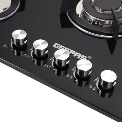 5-Burner Gas Hob - Attractive Design, 8mm Tempered Glass Worktop - Automatic Ignition, 5 Heating Zones |Ergonomic Design, Stainless Steel Body GGC31011 Black