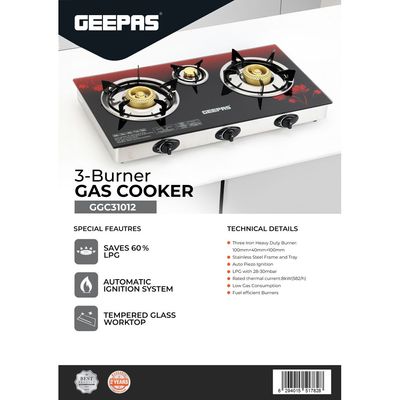 3-Burner Gas Cooker Size GGC31012 Black/multi color