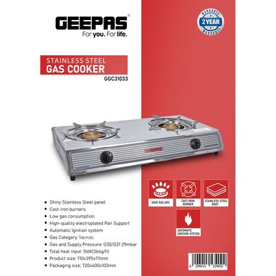Geepas Stainless Steel Gas Cooker| 2 Heavy Duty Cast Iron Burner With Electroplated Pan Support| Low Gas Consumption And Energy Efficient Burners| Auto Ignition System, LPG Gas Stove, Perfect For Homes, Apartments, 2 Years Warranty GGC31033 Silver