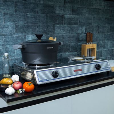 Geepas Stainless Steel Gas Cooker| 2 Heavy Duty Cast Iron Burner With Electroplated Pan Support| Low Gas Consumption And Energy Efficient Burners| Auto Ignition System, LPG Gas Stove, Perfect For Homes, Apartments, 2 Years Warranty GGC31033 Silver