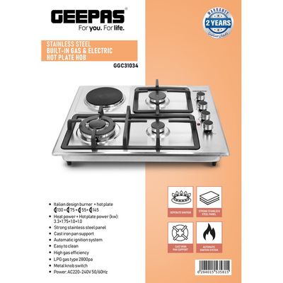 Geepas Stainless Steel Built-In Gas & Electric Hot Plate Hob 3 Burners & 1 Hot Plate Automatic Ignition System  LPG Gas Type 2800pa  Metal Knob  Cast Iron Pan Support GGC31034 Silver/Black