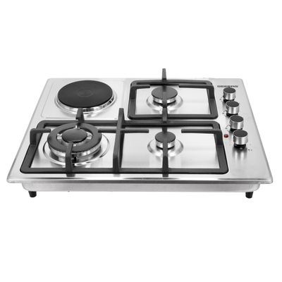 Geepas Stainless Steel Built-In Gas & Electric Hot Plate Hob 3 Burners & 1 Hot Plate Automatic Ignition System  LPG Gas Type 2800pa  Metal Knob  Cast Iron Pan Support GGC31034 Silver/Black