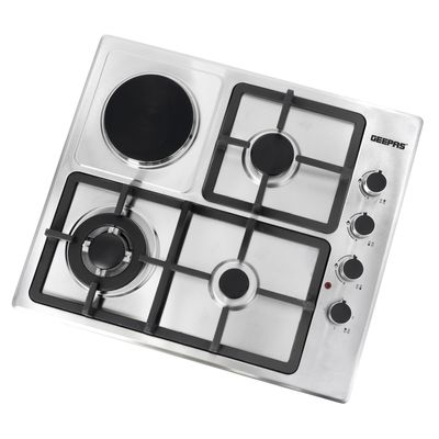 Geepas Stainless Steel Built-In Gas & Electric Hot Plate Hob 3 Burners & 1 Hot Plate Automatic Ignition System  LPG Gas Type 2800pa  Metal Knob  Cast Iron Pan Support GGC31034 Silver/Black