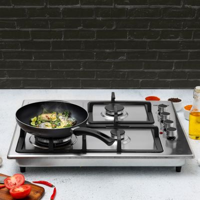 Geepas Stainless Steel Built-In Gas & Electric Hot Plate Hob 3 Burners & 1 Hot Plate Automatic Ignition System  LPG Gas Type 2800pa  Metal Knob  Cast Iron Pan Support GGC31034 Silver/Black