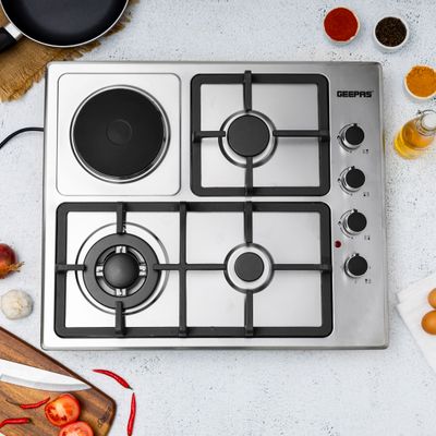 Geepas Stainless Steel Built-In Gas & Electric Hot Plate Hob 3 Burners & 1 Hot Plate Automatic Ignition System  LPG Gas Type 2800pa  Metal Knob  Cast Iron Pan Support GGC31034 Silver/Black