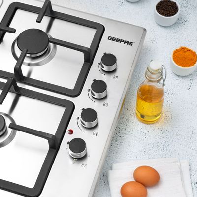 Geepas Stainless Steel Built-In Gas & Electric Hot Plate Hob 3 Burners & 1 Hot Plate Automatic Ignition System  LPG Gas Type 2800pa  Metal Knob  Cast Iron Pan Support GGC31034 Silver/Black