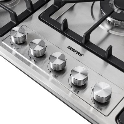Geepas 5-In-1 Built In Gas Hob-| Five Burner Gas Stove with Separate Ignition, Low Gas Consumption and Improved Gas Flow for Efficient Heating| Auto Ignition System GGC31043 Silver/Black
