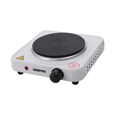 Geepas Electric Single Hot Plate for Flexible & Precise Table Top Cooking - Cast Iron Heating Plate - Portable Electric Hob with Temperature Control 1000 W GHP32013 White & black