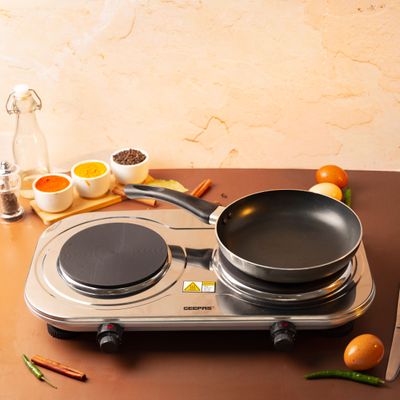 Stainless Steel Double Hot Plate Indicator Light Adjustable Temperature Control Overheat Protection Non-Slip Feet Auto Thermostat Hot Plate for Kitchen Camping 2500 W GHP32024 Silver