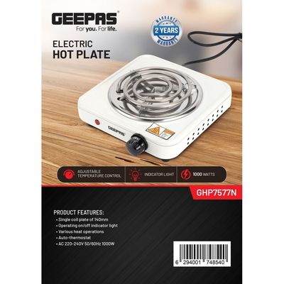 Electric Single Hot Plate with Temperature Control 1000 W GHP7577 White