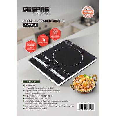 Digital Infrared Cooker With 2000W Ceramic Heating Element, 4 Digit LED Display, Touch Control, 10 Power/Temperature Levels For Adjustment, 3hr Programmable Timer GIC33013 Black/White/Red